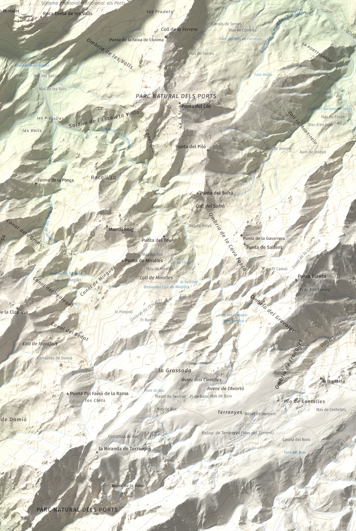 Mapa de relieve de lo Blau (Roca Grossa Moletans), 841 m, Terra Alta, lámina 100 Cims de Trobart. Detalle de la zona inferior derecha. 61 × 91 cm.