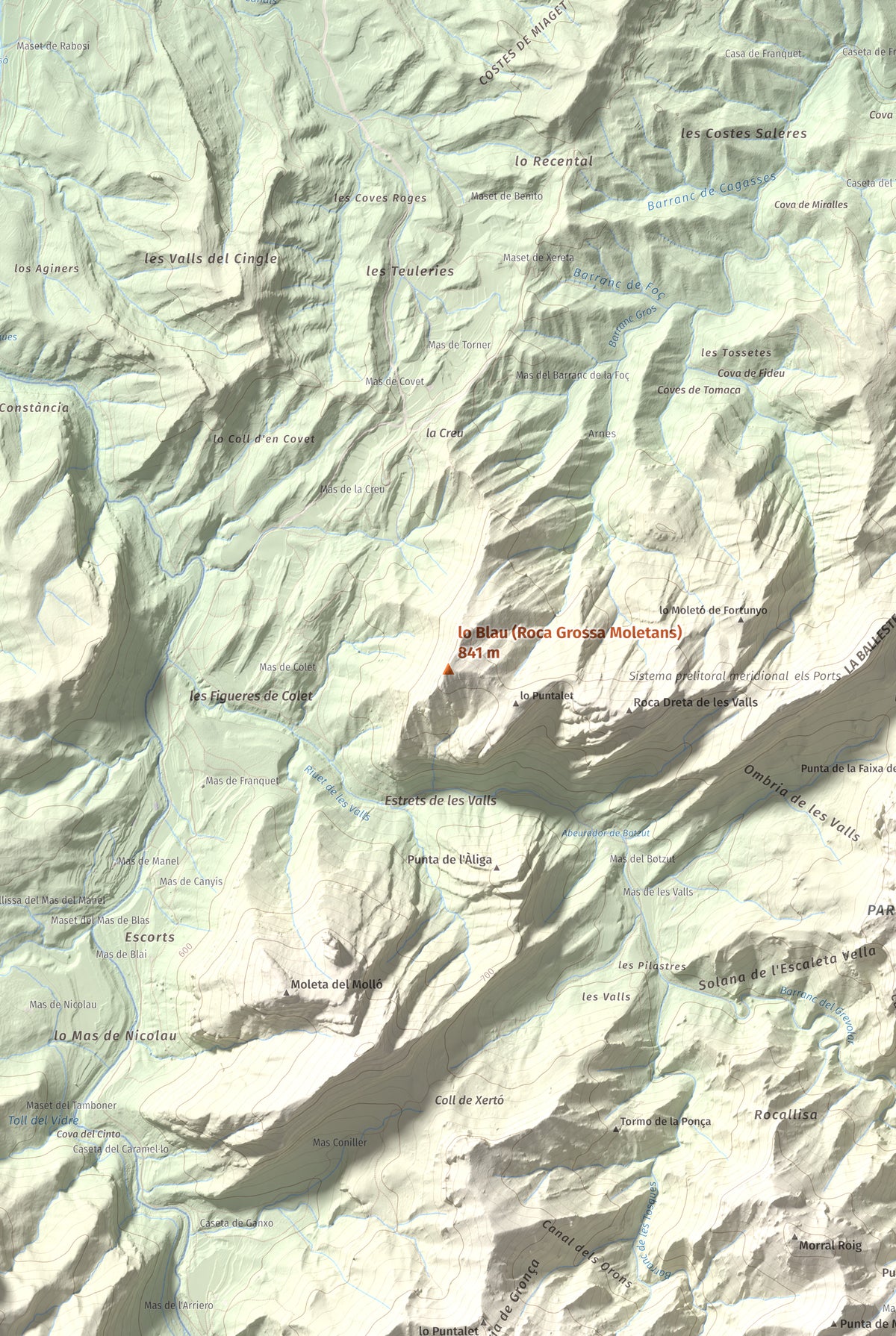 Mapa de relieve de lo Blau (Roca Grossa Moletans), 841 m, Terra Alta, lámina 100 Cims de Trobart. Detalle de la zona central. 61 × 91 cm.