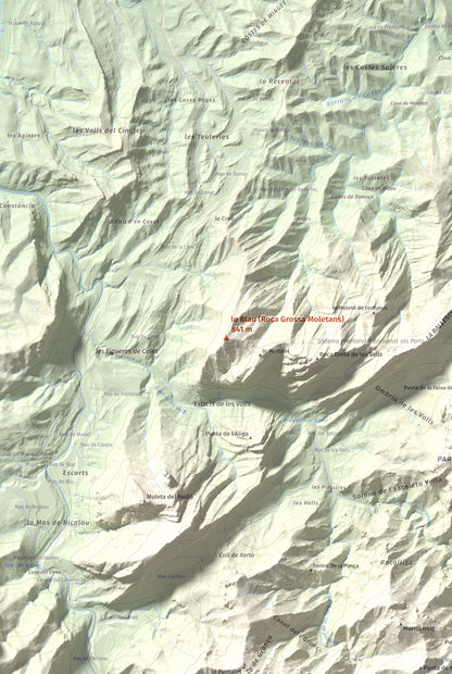 Mapa de relieve de lo Blau (Roca Grossa Moletans), 841 m, Terra Alta, lámina 100 Cims de Trobart. Detalle de la zona central. 61 × 91 cm.