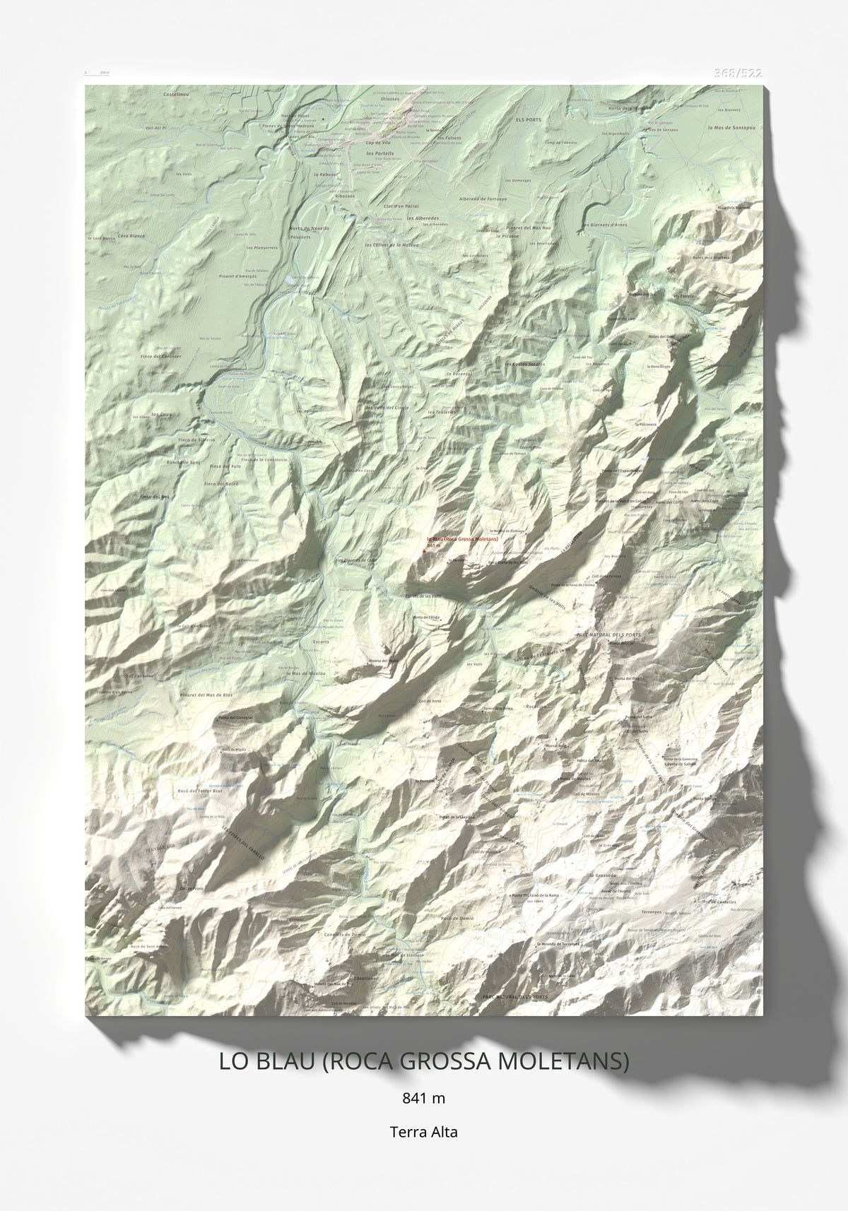 Mapa de relieve de lo Blau (Roca Grossa Moletans), 841 m, Terra Alta, lámina 100 Cims de Trobart 70 × 100 cm.