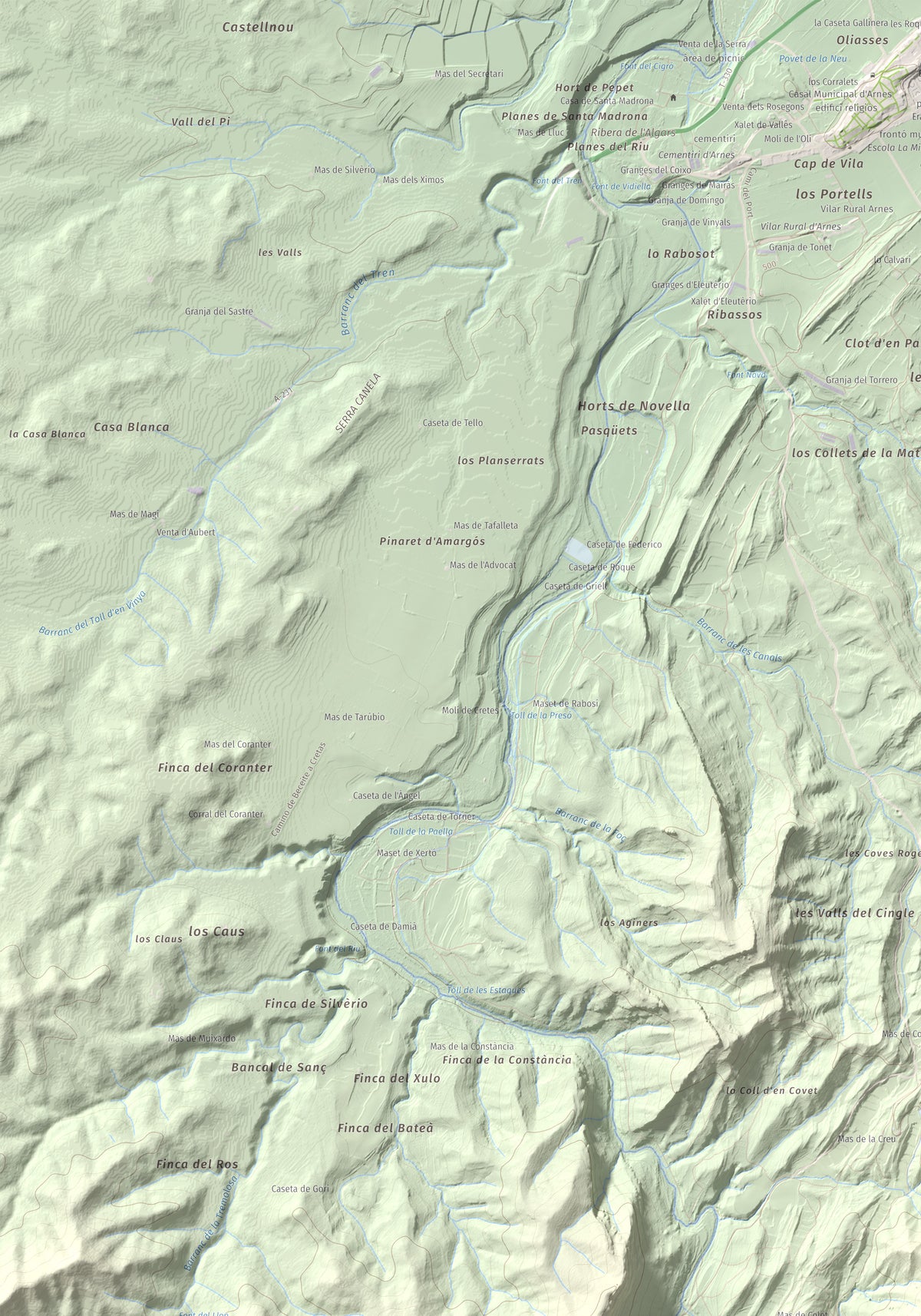 Mapa de relieve de lo Blau (Roca Grossa Moletans), 841 m, Terra Alta, lámina 100 Cims de Trobart. Detalle de la zona superior izquierda. 70 × 100 cm.