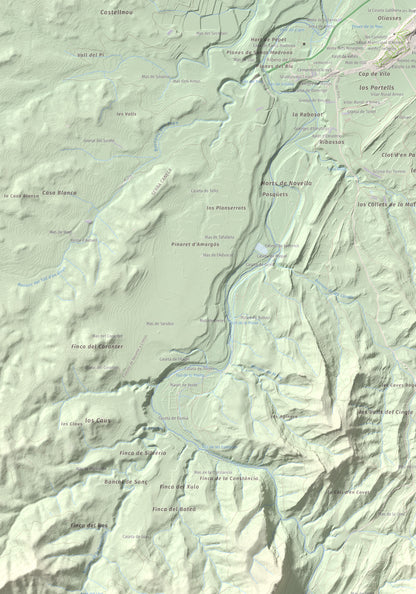 Mapa de relieve de lo Blau (Roca Grossa Moletans), 841 m, Terra Alta, lámina 100 Cims de Trobart. Detalle de la zona superior izquierda. 70 × 100 cm.