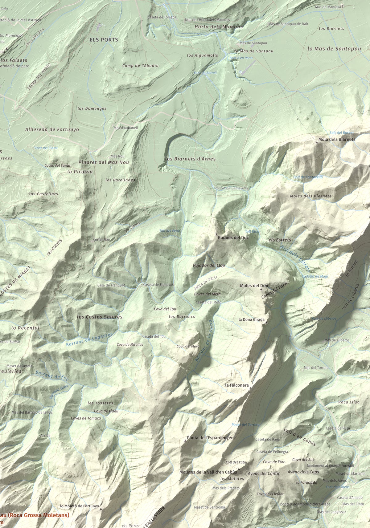 Mapa de relieve de lo Blau (Roca Grossa Moletans), 841 m, Terra Alta, lámina 100 Cims de Trobart. Detalle de la zona superior derecha. 70 × 100 cm.