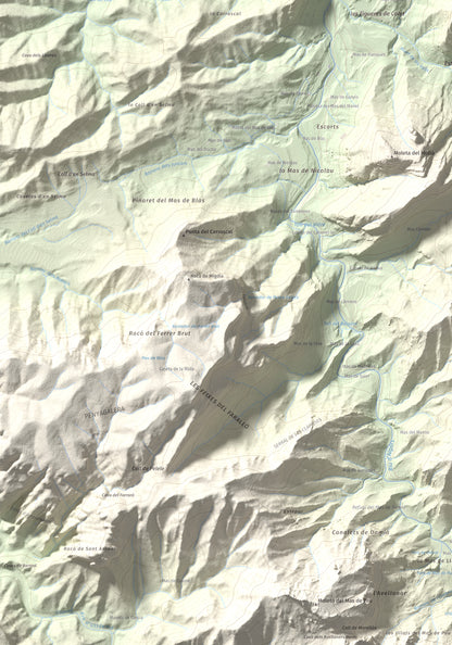 Mapa de relieve de lo Blau (Roca Grossa Moletans), 841 m, Terra Alta, lámina 100 Cims de Trobart. Detalle de la zona inferior izquierda. 70 × 100 cm.