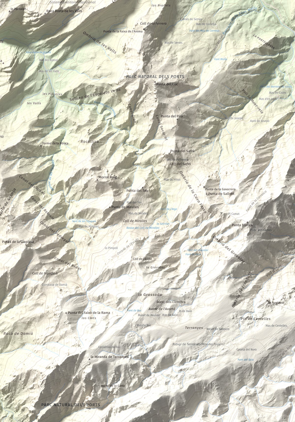 Mapa de relieve de lo Blau (Roca Grossa Moletans), 841 m, Terra Alta, lámina 100 Cims de Trobart. Detalle de la zona inferior derecha. 70 × 100 cm.