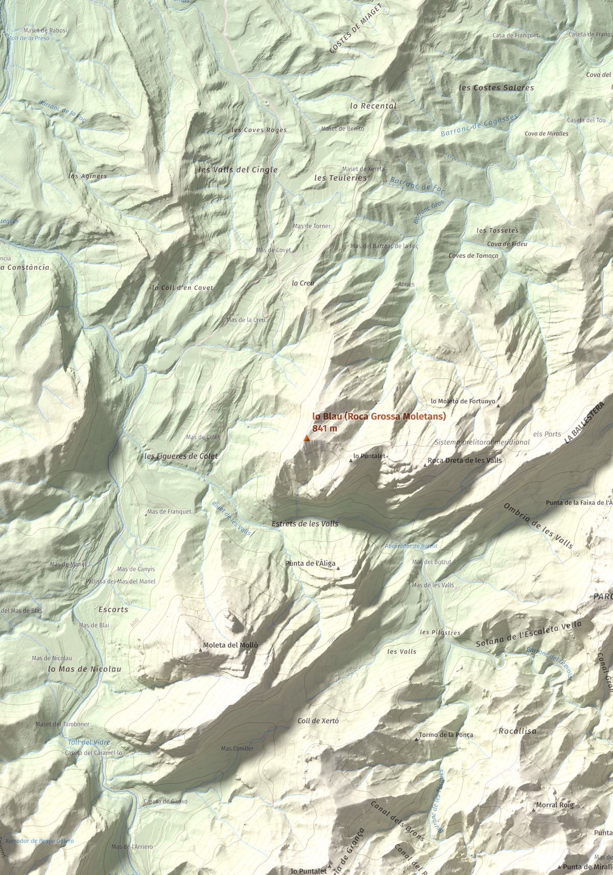 Mapa de relieve de lo Blau (Roca Grossa Moletans), 841 m, Terra Alta, lámina 100 Cims de Trobart. Detalle de la zona central. 70 × 100 cm.