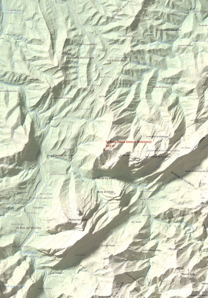 Mapa de relieve de lo Blau (Roca Grossa Moletans), 841 m, Terra Alta, lámina 100 Cims de Trobart. Detalle de la zona central. 70 × 100 cm.