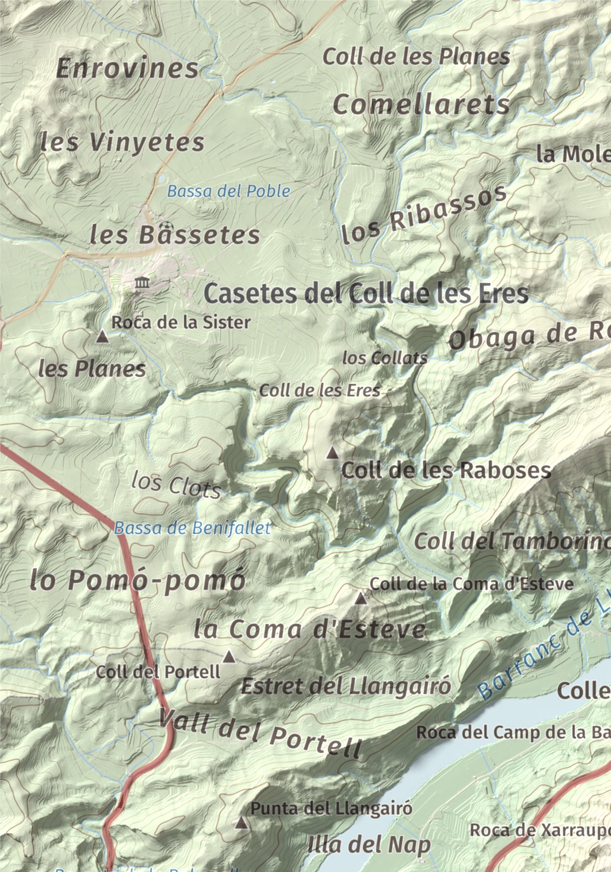 Mapa de relieve de lo Caramull, 429 m, Baix Ebre, lámina 100 Cims de Trobart. Detalle de la zona superior izquierda. 21 × 30 cm.