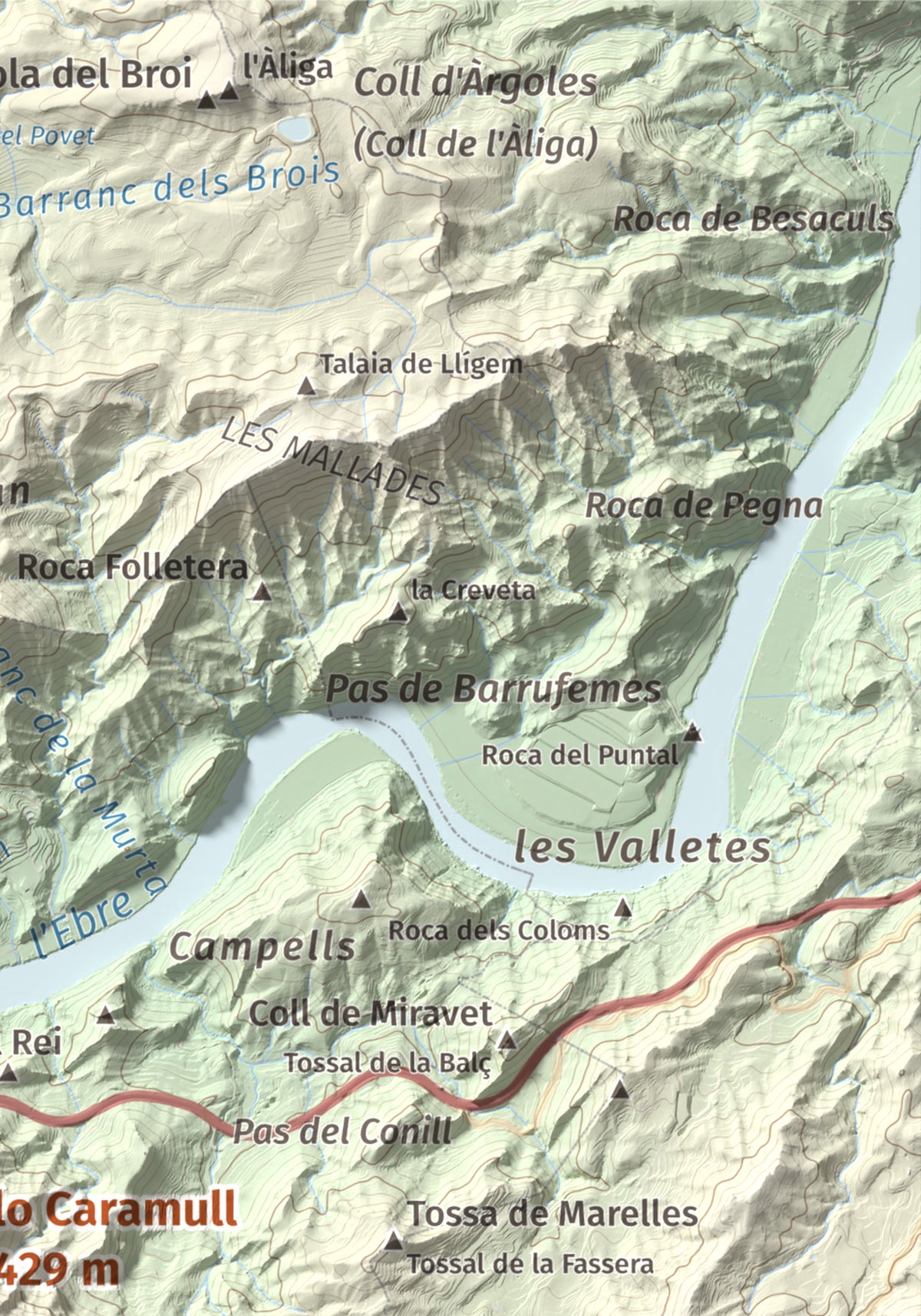 Mapa de relieve de lo Caramull, 429 m, Baix Ebre, lámina 100 Cims de Trobart. Detalle de la zona superior derecha. 21 × 30 cm.