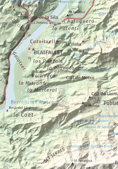 Mapa de relieve de lo Caramull, 429 m, Baix Ebre, lámina 100 Cims de Trobart. Detalle de la zona inferior izquierda. 21 × 30 cm.