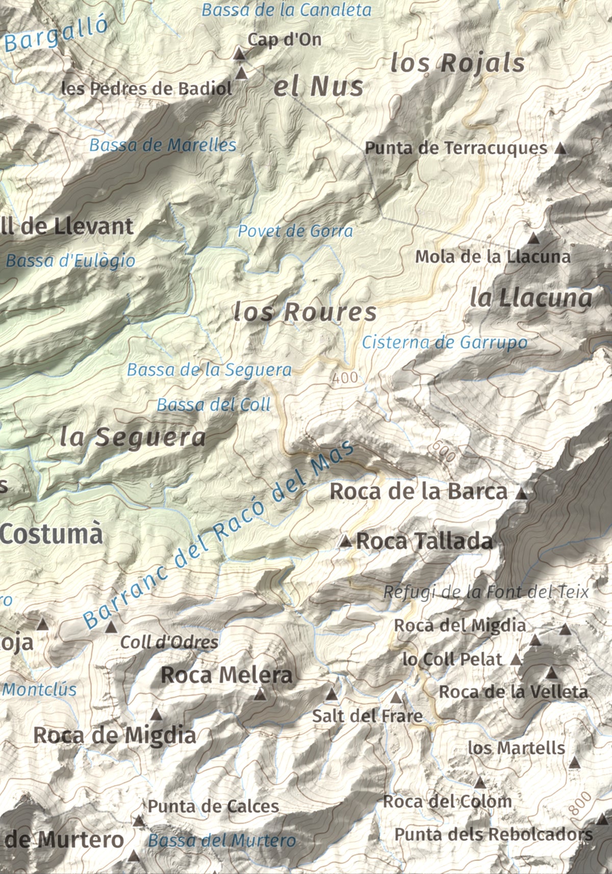 Mapa de relieve de lo Caramull, 429 m, Baix Ebre, lámina 100 Cims de Trobart. Detalle de la zona inferior derecha. 21 × 30 cm.