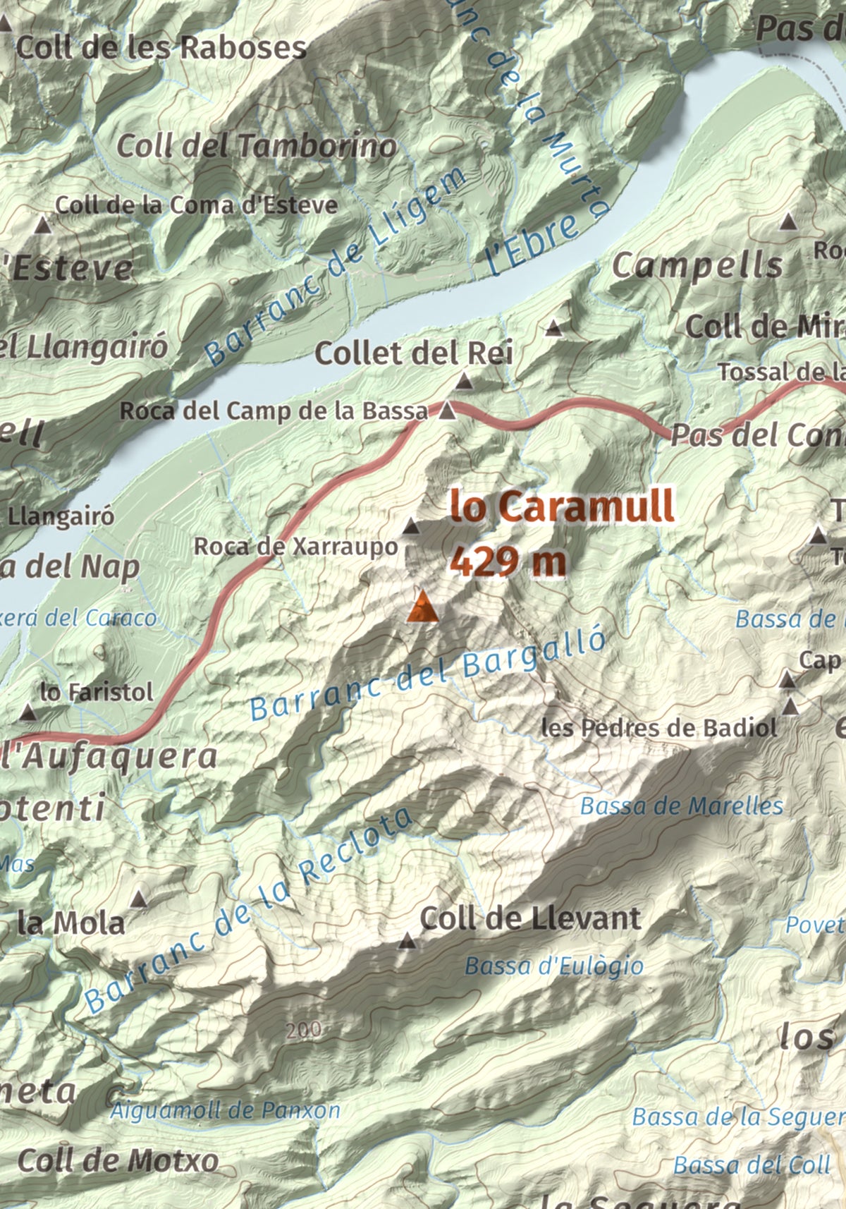 Mapa de relieve de lo Caramull, 429 m, Baix Ebre, lámina 100 Cims de Trobart. Detalle de la zona central. 21 × 30 cm.