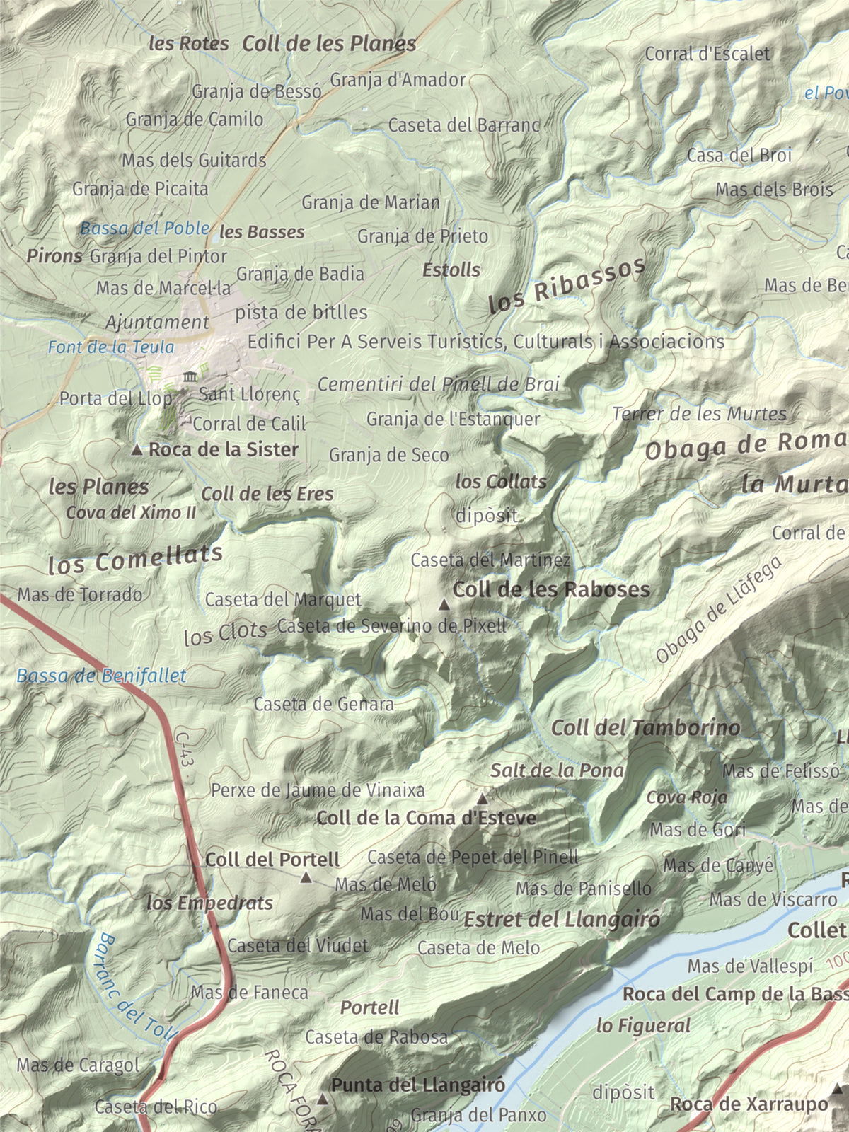 Mapa de relieve de lo Caramull, 429 m, Baix Ebre, lámina 100 Cims de Trobart. Detalle de la zona superior izquierda. 30 × 40 cm.