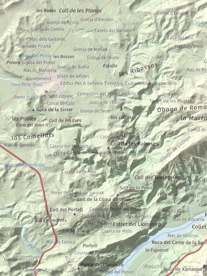 Mapa de relieve de lo Caramull, 429 m, Baix Ebre, lámina 100 Cims de Trobart. Detalle de la zona superior izquierda. 30 × 40 cm.