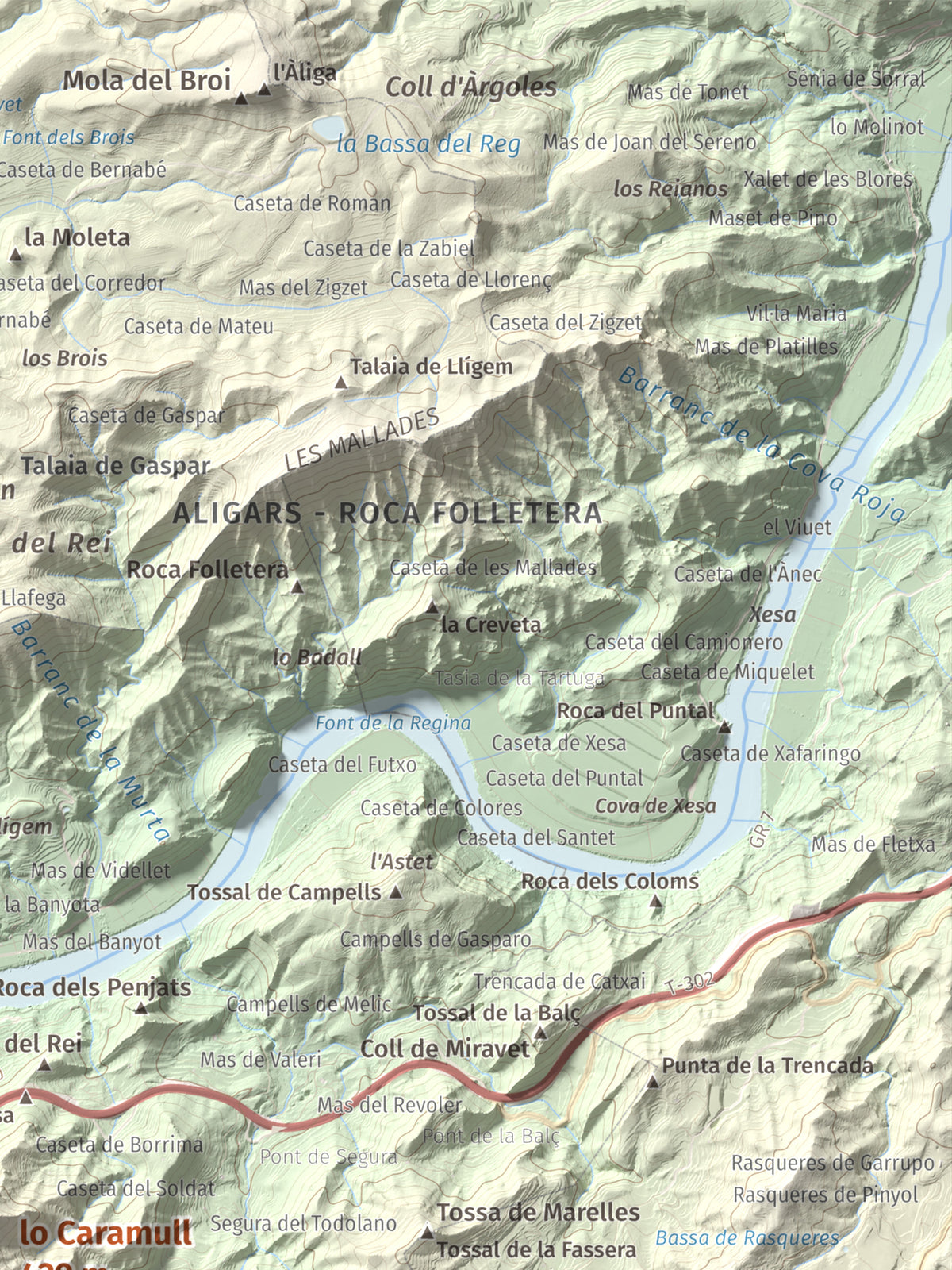 Mapa de relieve de lo Caramull, 429 m, Baix Ebre, lámina 100 Cims de Trobart. Detalle de la zona superior derecha. 30 × 40 cm.