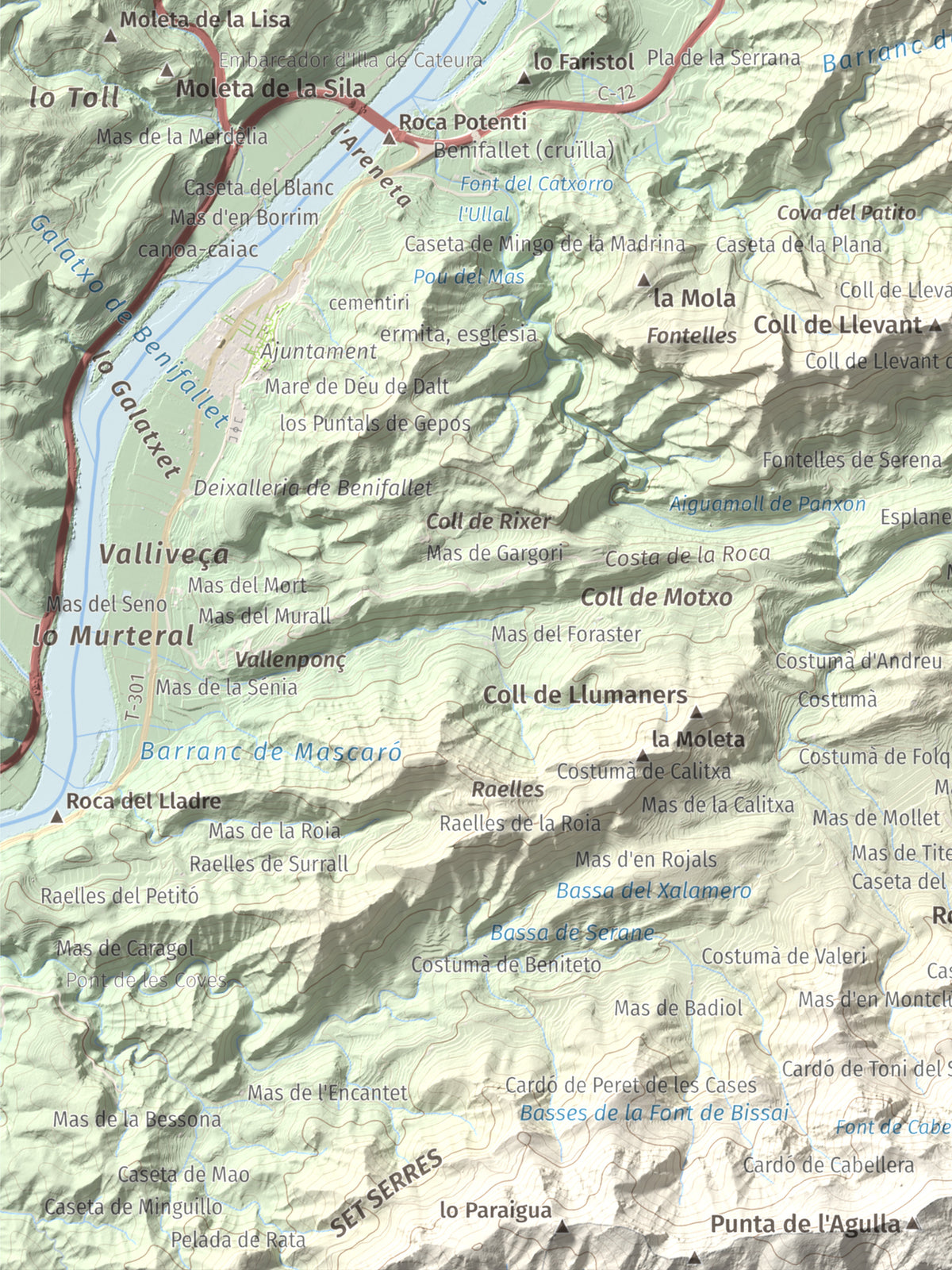 Mapa de relieve de lo Caramull, 429 m, Baix Ebre, lámina 100 Cims de Trobart. Detalle de la zona inferior izquierda. 30 × 40 cm.