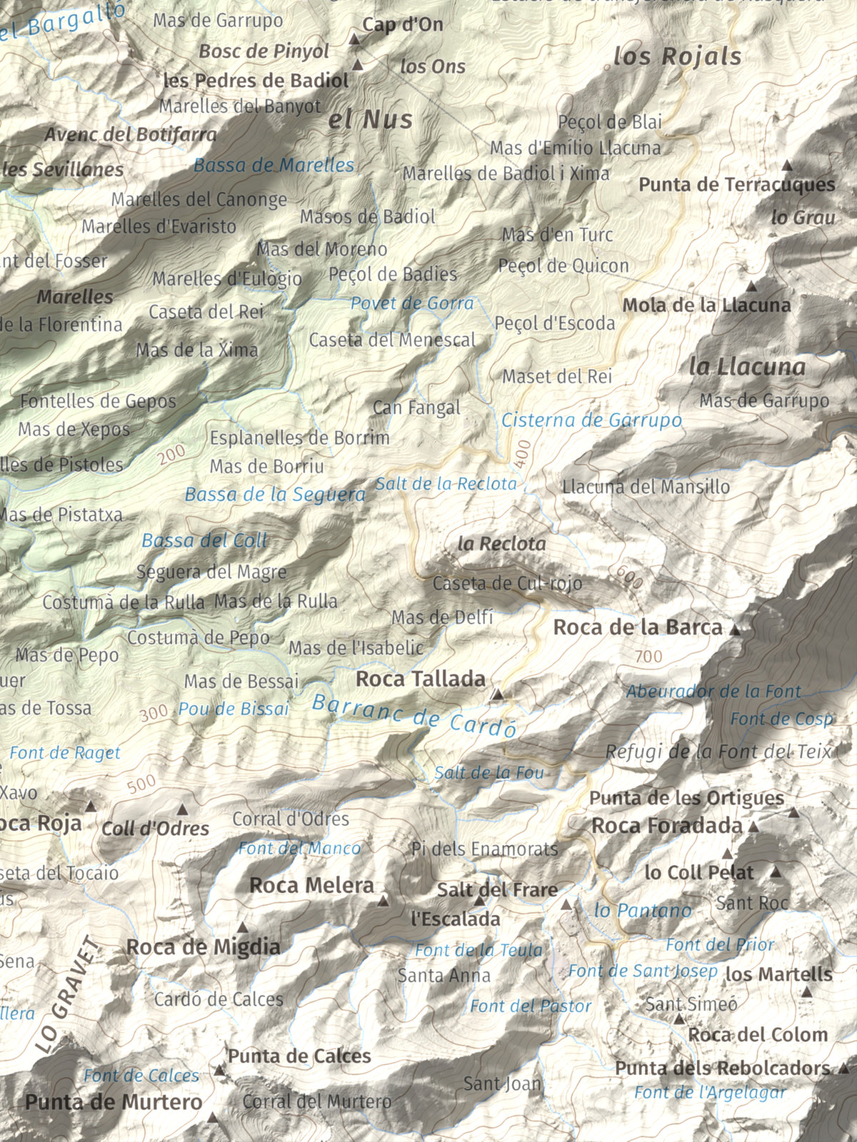Mapa de relieve de lo Caramull, 429 m, Baix Ebre, lámina 100 Cims de Trobart. Detalle de la zona inferior derecha. 30 × 40 cm.