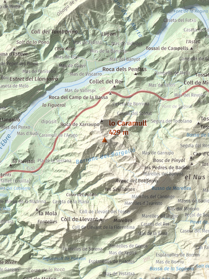 Mapa de relieve de lo Caramull, 429 m, Baix Ebre, lámina 100 Cims de Trobart. Detalle de la zona central. 30 × 40 cm.