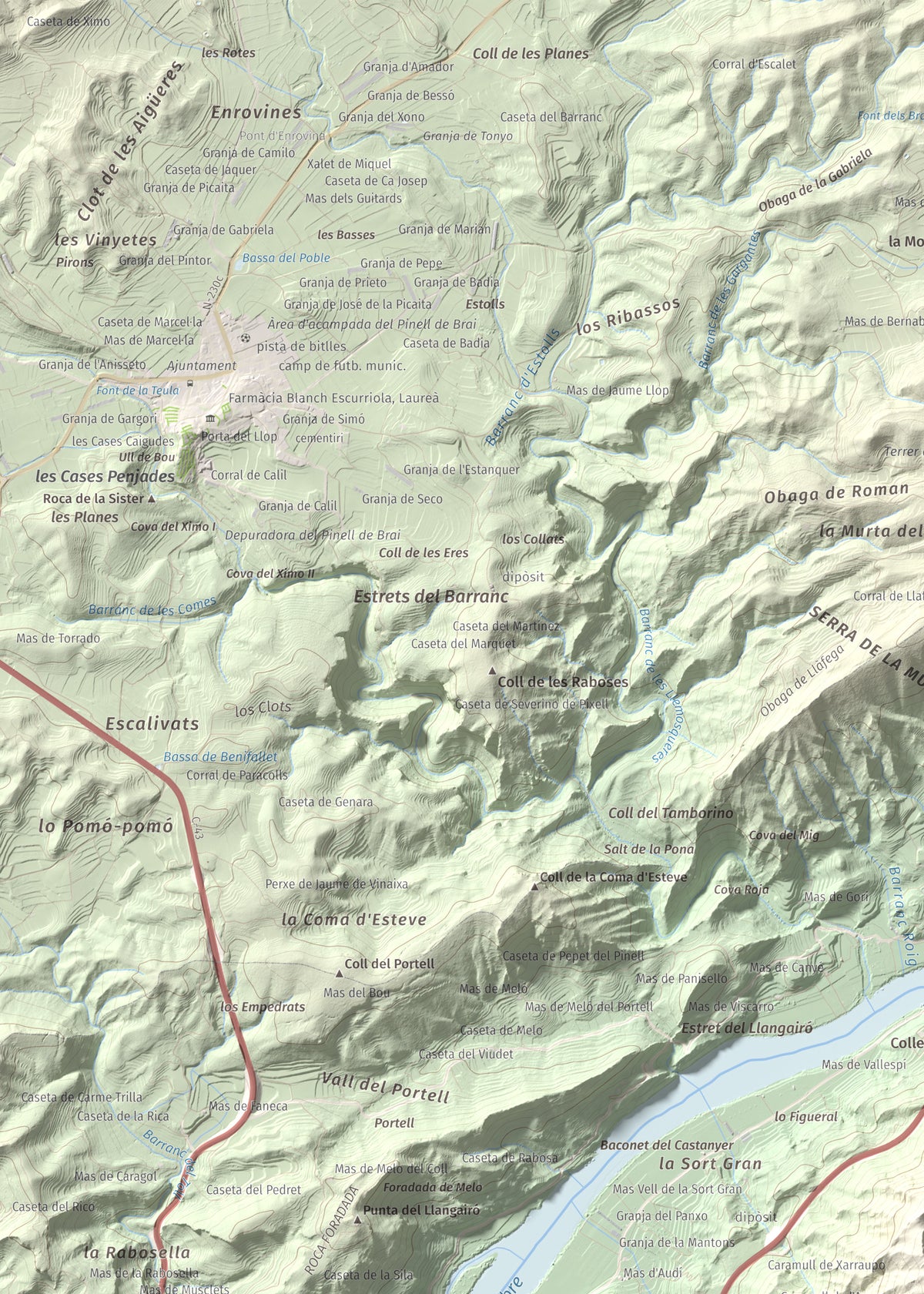 Mapa de relieve de lo Caramull, 429 m, Baix Ebre, lámina 100 Cims de Trobart. Detalle de la zona superior izquierda. 50 × 70 cm.