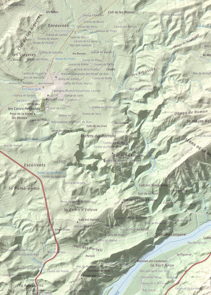Mapa de relieve de lo Caramull, 429 m, Baix Ebre, lámina 100 Cims de Trobart. Detalle de la zona superior izquierda. 50 × 70 cm.