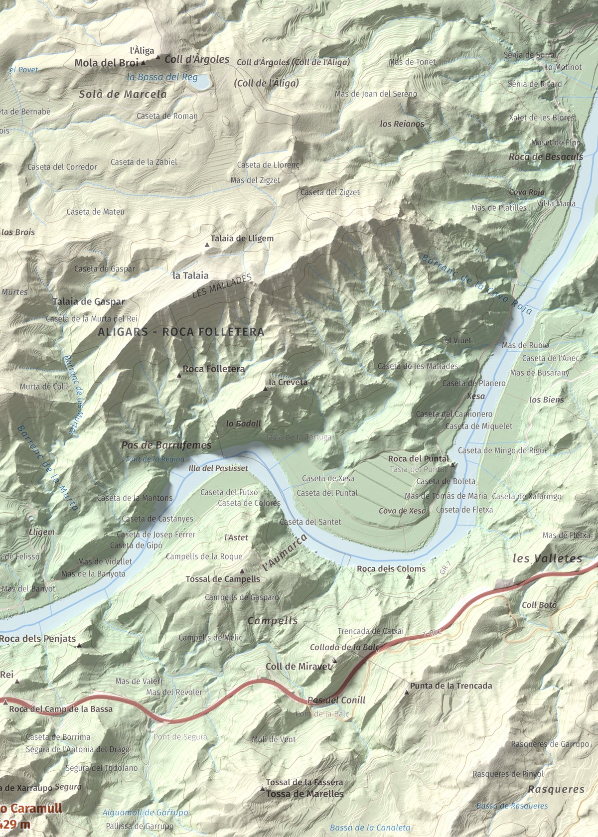 Mapa de relieve de lo Caramull, 429 m, Baix Ebre, lámina 100 Cims de Trobart. Detalle de la zona superior derecha. 50 × 70 cm.