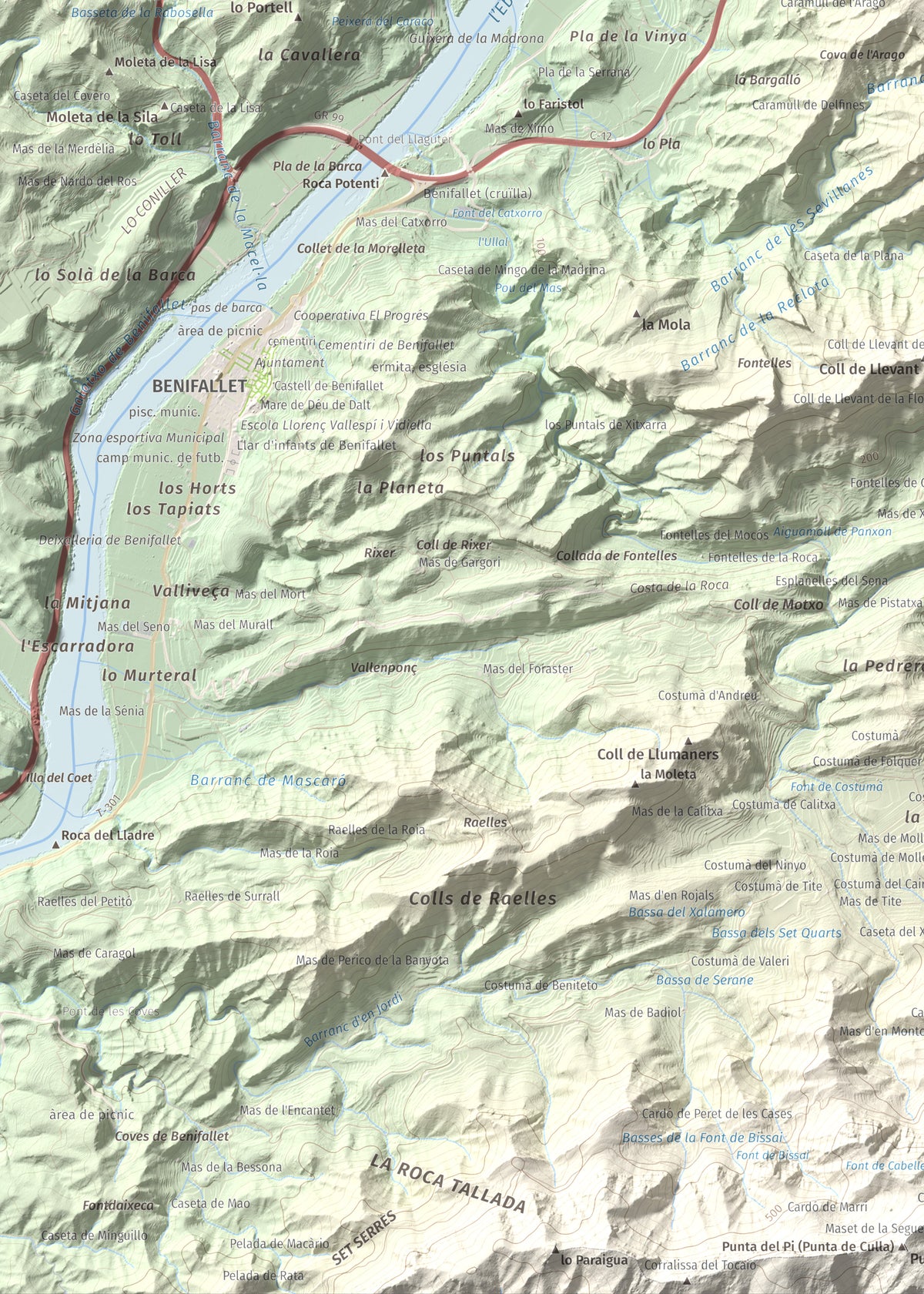 Mapa de relieve de lo Caramull, 429 m, Baix Ebre, lámina 100 Cims de Trobart. Detalle de la zona inferior izquierda. 50 × 70 cm.