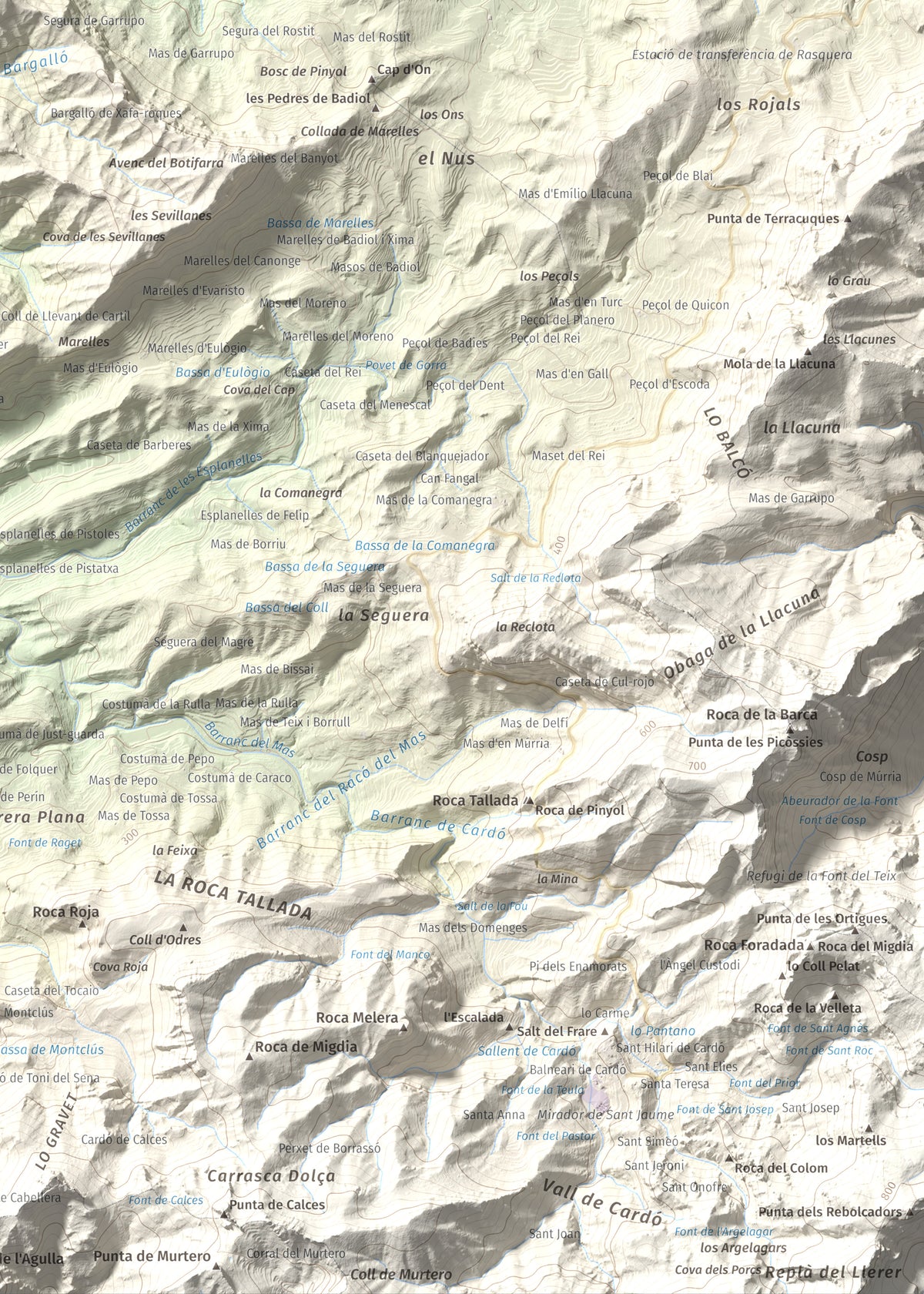 Mapa de relieve de lo Caramull, 429 m, Baix Ebre, lámina 100 Cims de Trobart. Detalle de la zona inferior derecha. 50 × 70 cm.