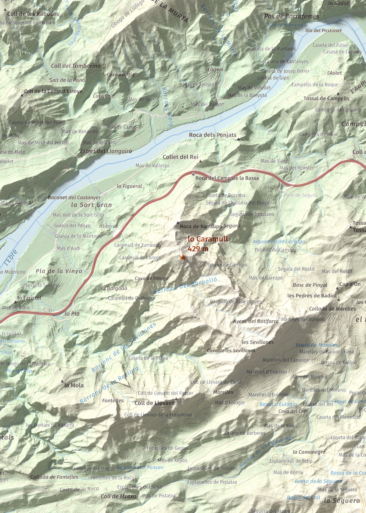 Mapa de relieve de lo Caramull, 429 m, Baix Ebre, lámina 100 Cims de Trobart. Detalle de la zona central. 50 × 70 cm.