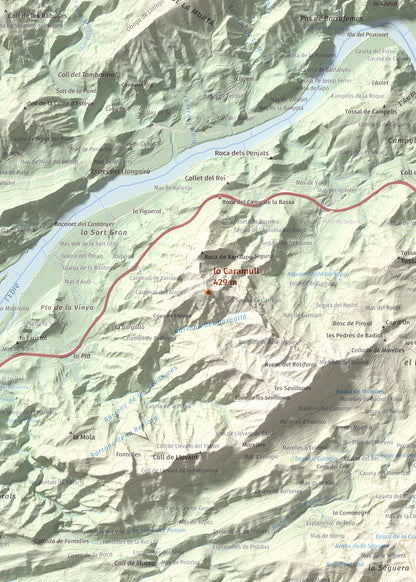Mapa de relieve de lo Caramull, 429 m, Baix Ebre, lámina 100 Cims de Trobart. Detalle de la zona central. 50 × 70 cm.