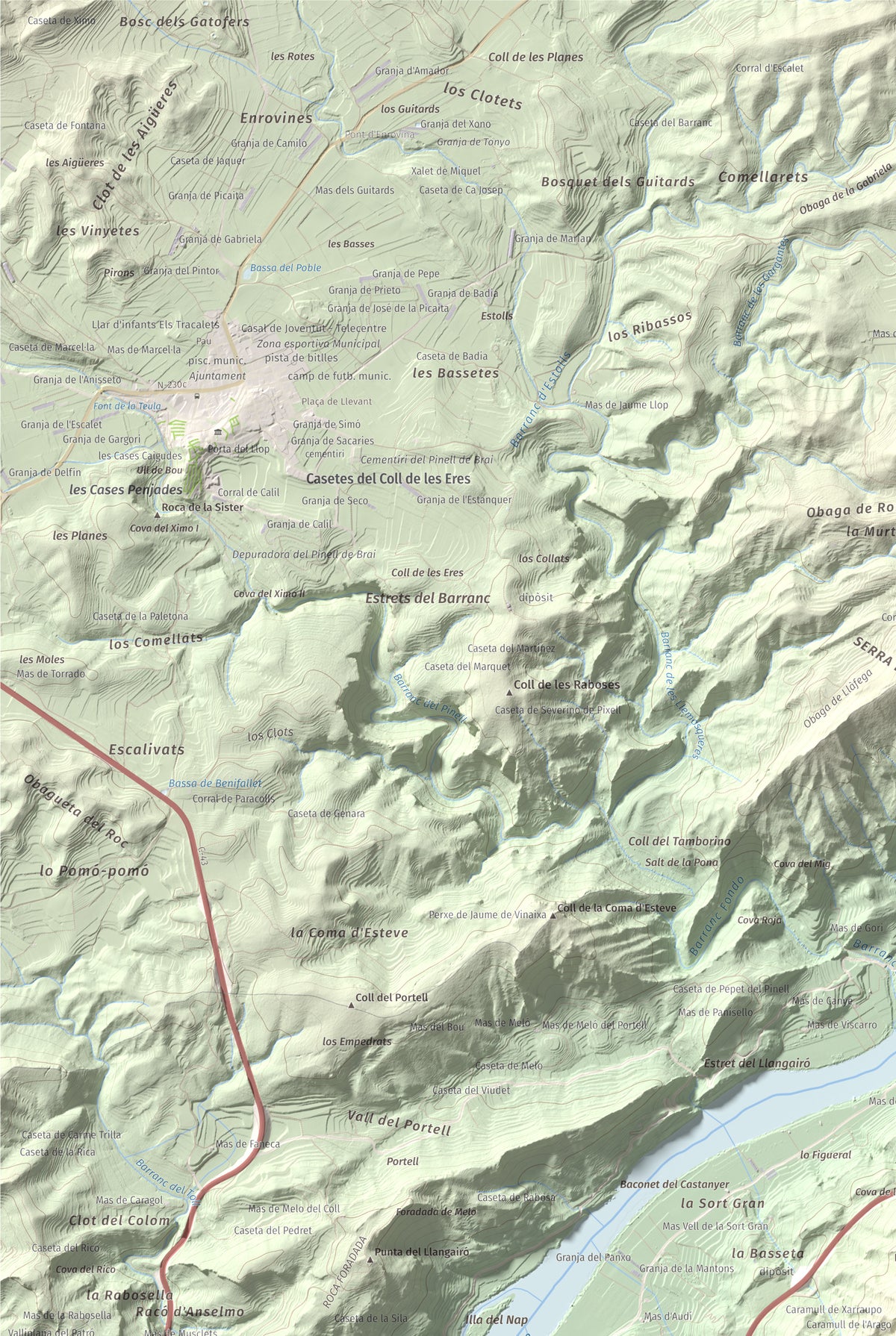 Mapa de relieve de lo Caramull, 429 m, Baix Ebre, lámina 100 Cims de Trobart. Detalle de la zona superior izquierda. 61 × 91 cm.