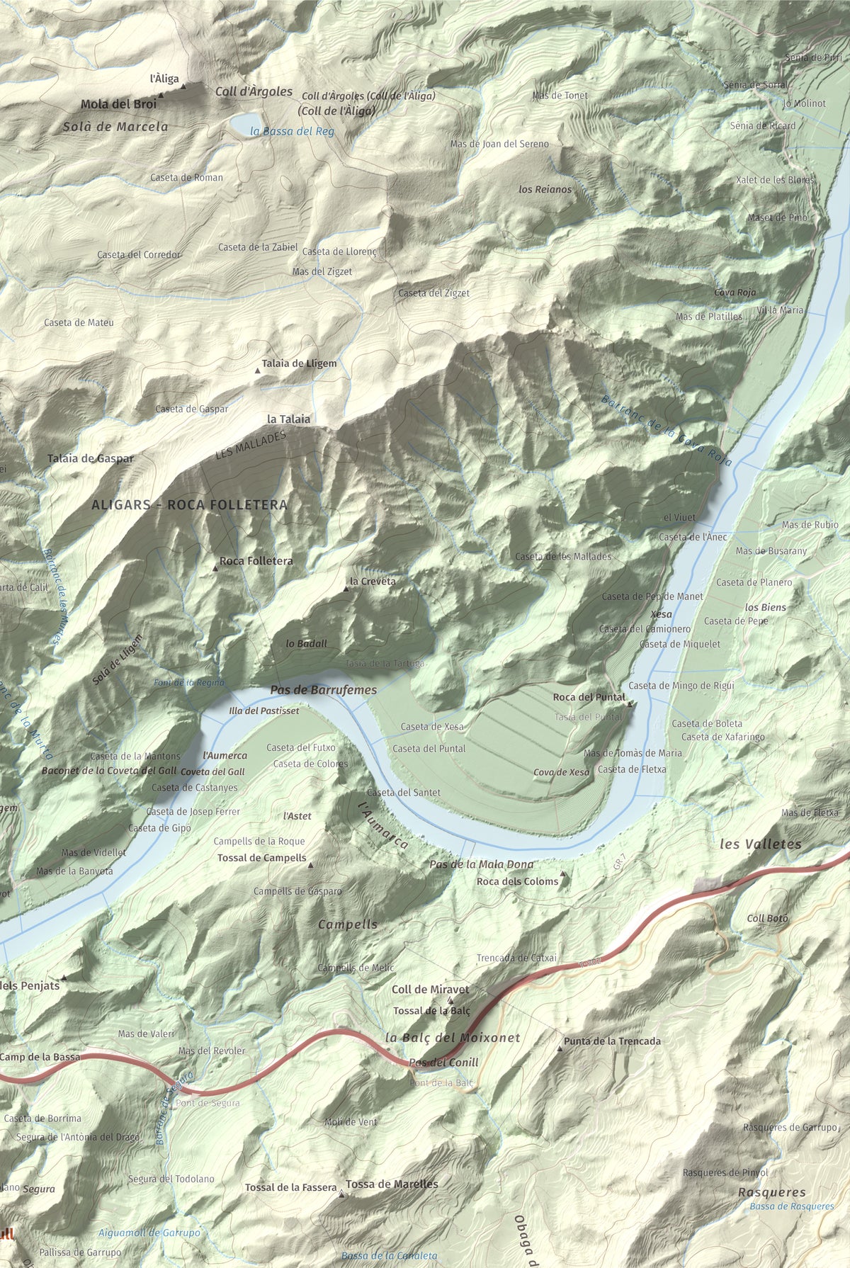 Mapa de relieve de lo Caramull, 429 m, Baix Ebre, lámina 100 Cims de Trobart. Detalle de la zona superior derecha. 61 × 91 cm.