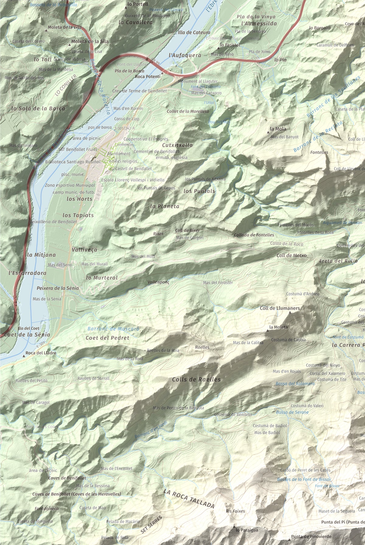 Mapa de relieve de lo Caramull, 429 m, Baix Ebre, lámina 100 Cims de Trobart. Detalle de la zona inferior izquierda. 61 × 91 cm.