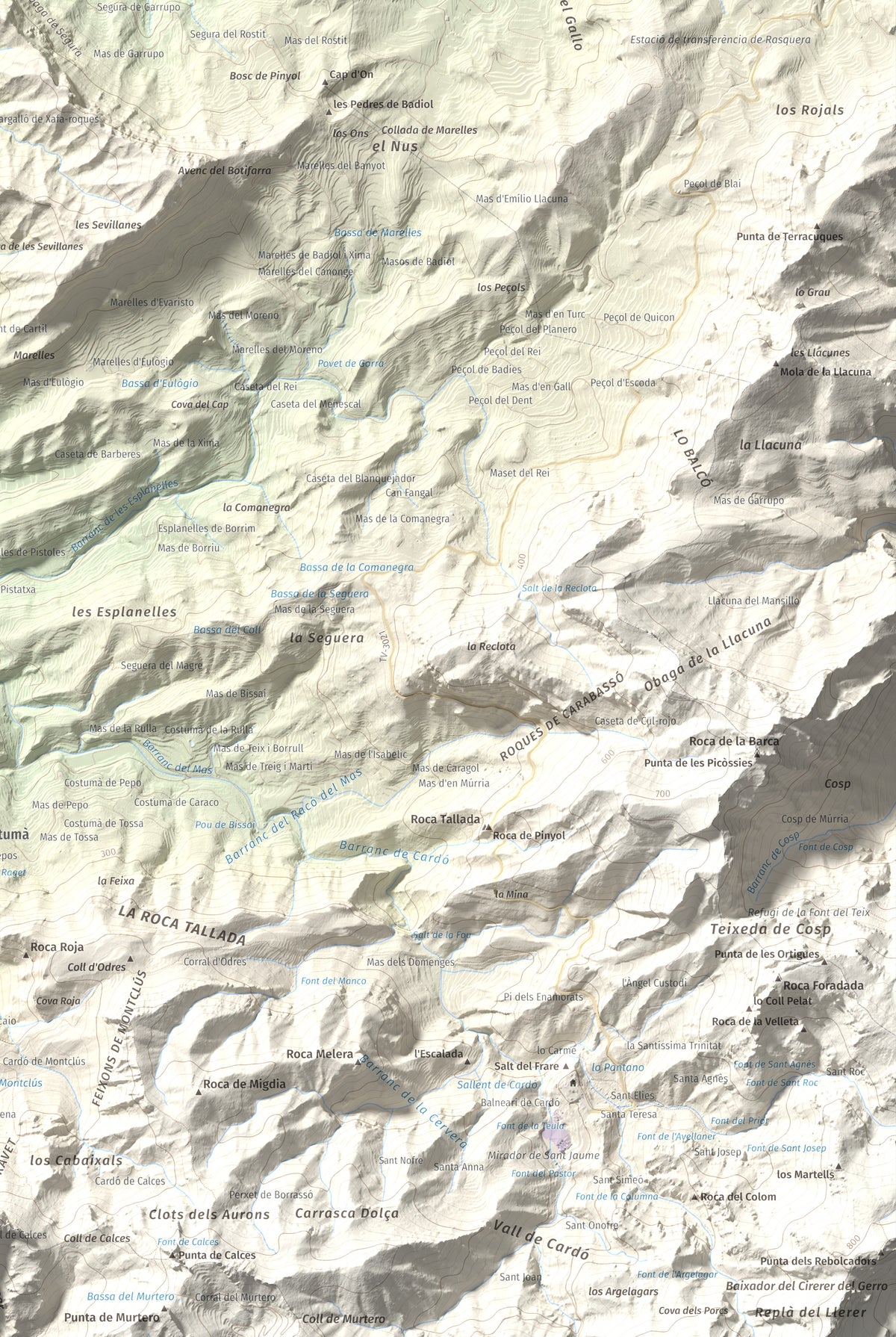 Mapa de relieve de lo Caramull, 429 m, Baix Ebre, lámina 100 Cims de Trobart. Detalle de la zona inferior derecha. 61 × 91 cm.