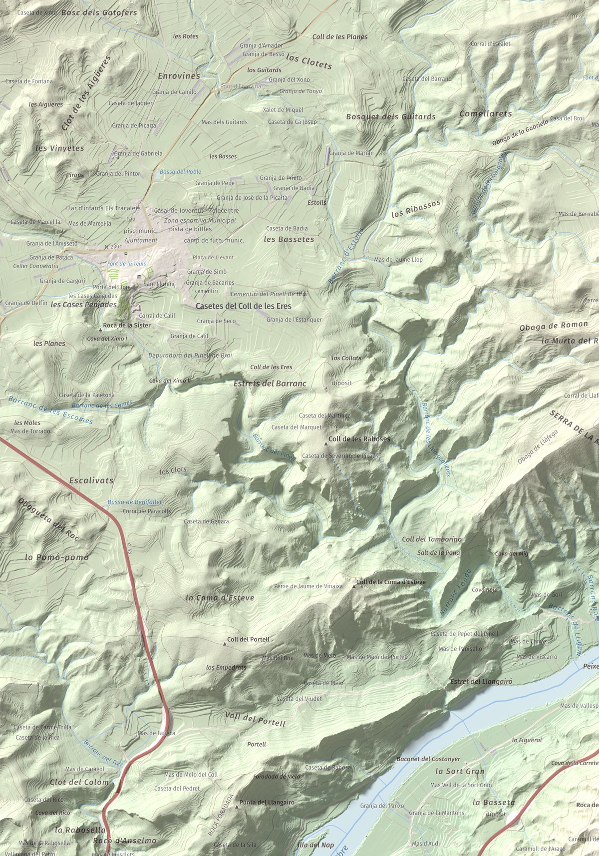 Mapa de relieve de lo Caramull, 429 m, Baix Ebre, lámina 100 Cims de Trobart. Detalle de la zona superior izquierda. 70 × 100 cm.