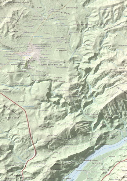 Mapa de relieve de lo Caramull, 429 m, Baix Ebre, lámina 100 Cims de Trobart. Detalle de la zona superior izquierda. 70 × 100 cm.