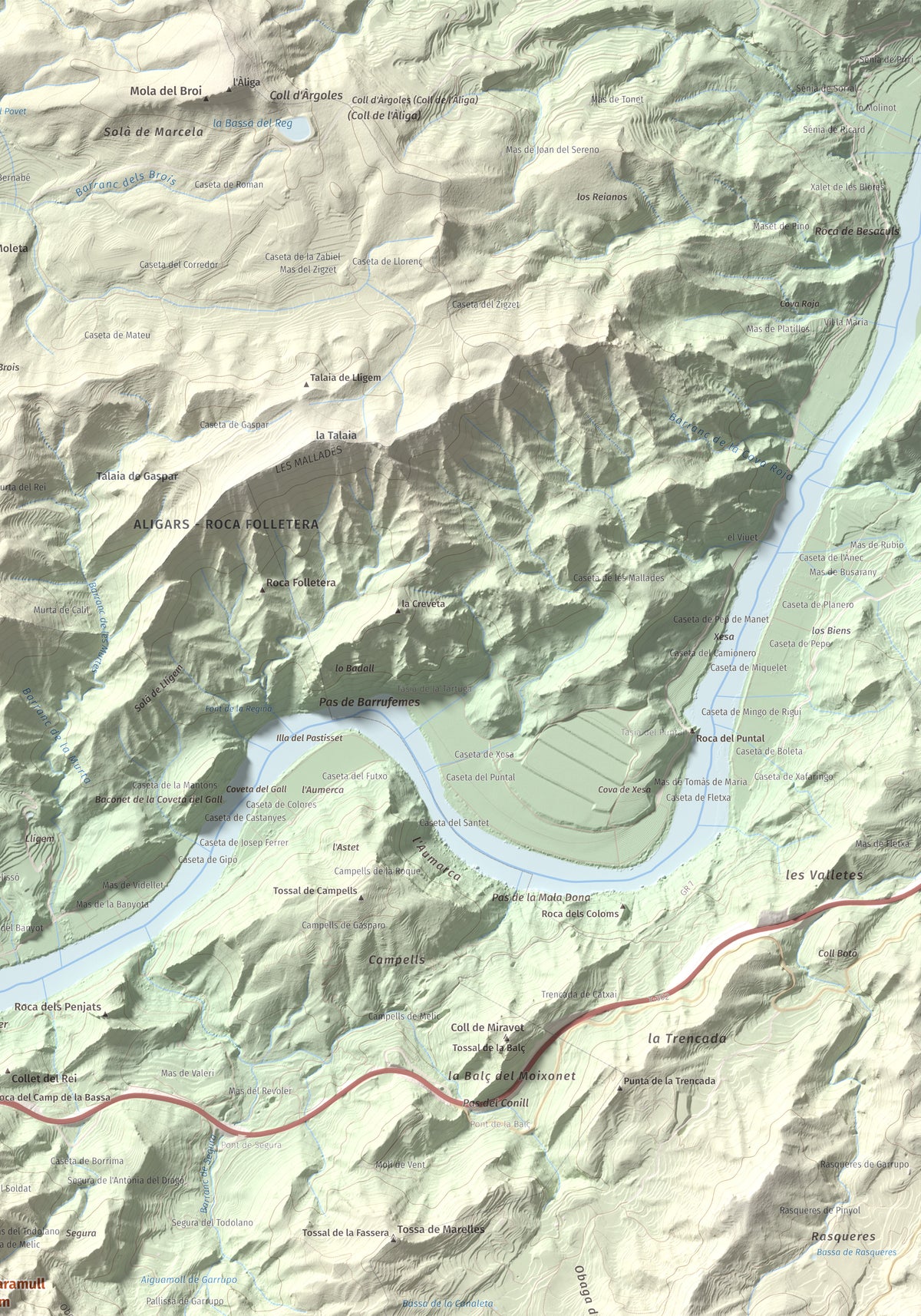 Mapa de relieve de lo Caramull, 429 m, Baix Ebre, lámina 100 Cims de Trobart. Detalle de la zona superior derecha. 70 × 100 cm.