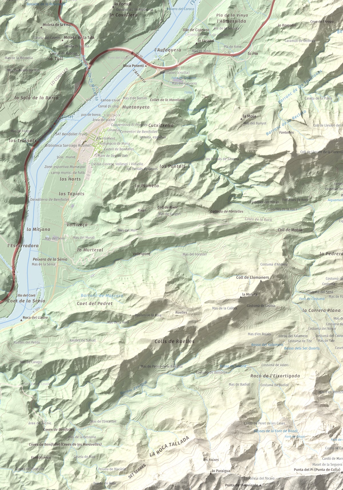 Mapa de relieve de lo Caramull, 429 m, Baix Ebre, lámina 100 Cims de Trobart. Detalle de la zona inferior izquierda. 70 × 100 cm.