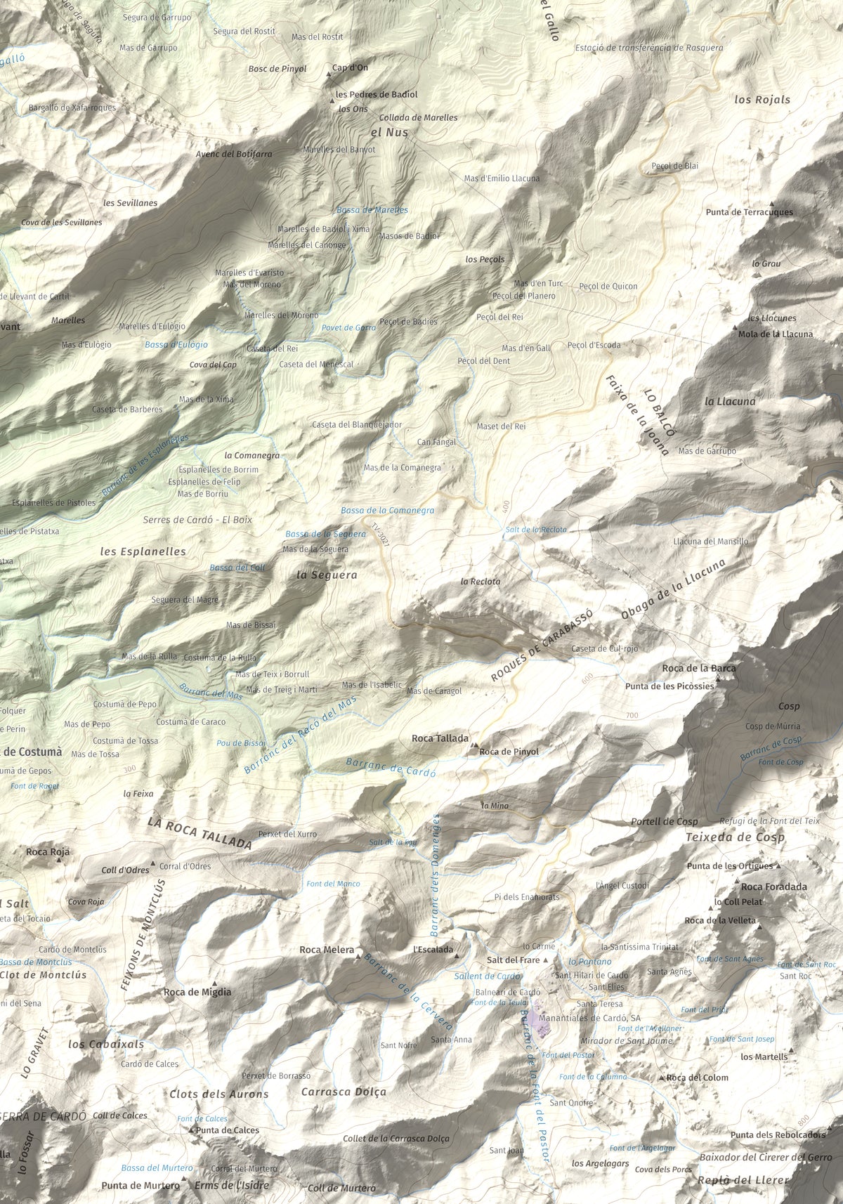 Mapa de relieve de lo Caramull, 429 m, Baix Ebre, lámina 100 Cims de Trobart. Detalle de la zona inferior derecha. 70 × 100 cm.