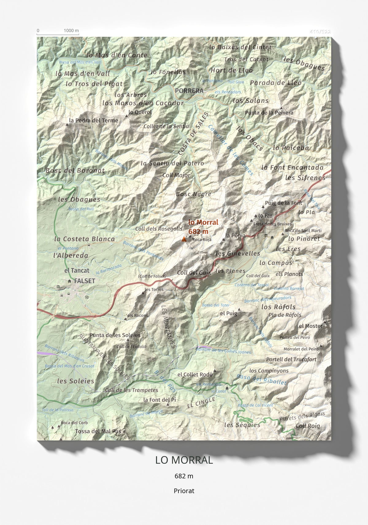 Mapa de relieve de lo Morral, 682 m, Priorat, lámina 100 Cims de Trobart 21 × 30 cm.