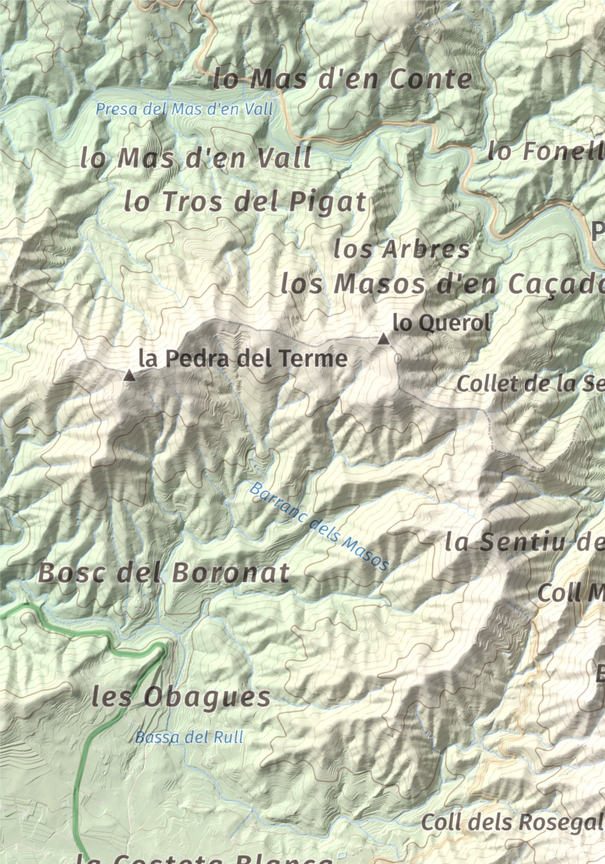 Mapa de relieve de lo Morral, 682 m, Priorat, lámina 100 Cims de Trobart. Detalle de la zona superior izquierda. 21 × 30 cm.