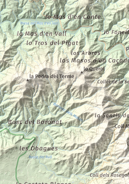 Mapa de relieve de lo Morral, 682 m, Priorat, lámina 100 Cims de Trobart. Detalle de la zona superior izquierda. 21 × 30 cm.