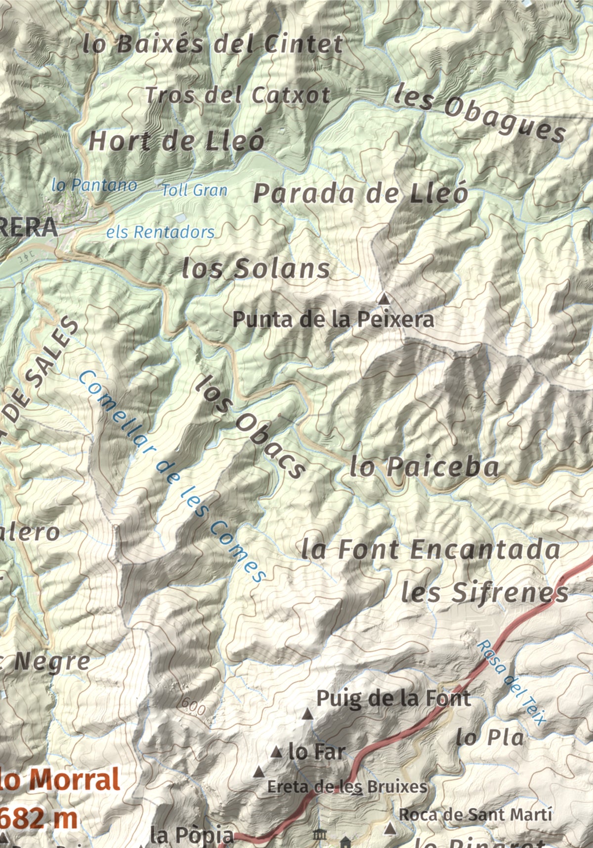 Mapa de relieve de lo Morral, 682 m, Priorat, lámina 100 Cims de Trobart. Detalle de la zona superior derecha. 21 × 30 cm.