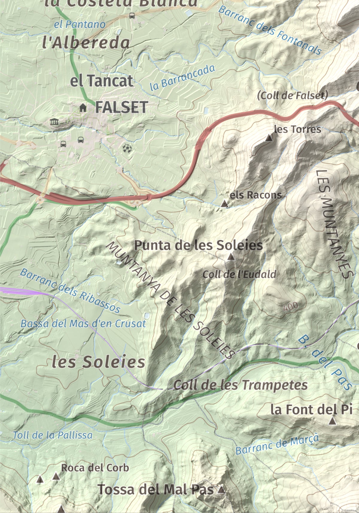 Mapa de relieve de lo Morral, 682 m, Priorat, lámina 100 Cims de Trobart. Detalle de la zona inferior izquierda. 21 × 30 cm.