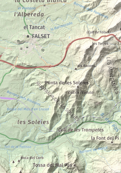 Mapa de relieve de lo Morral, 682 m, Priorat, lámina 100 Cims de Trobart. Detalle de la zona inferior izquierda. 21 × 30 cm.