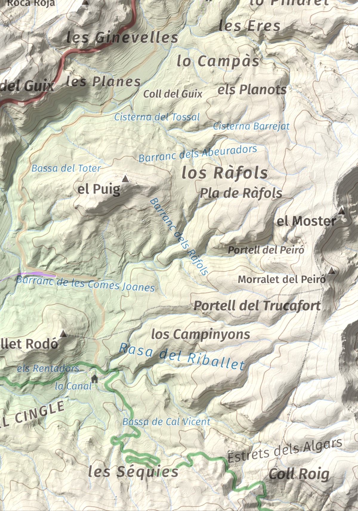 Mapa de relieve de lo Morral, 682 m, Priorat, lámina 100 Cims de Trobart. Detalle de la zona inferior derecha. 21 × 30 cm.