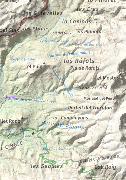Mapa de relieve de lo Morral, 682 m, Priorat, lámina 100 Cims de Trobart. Detalle de la zona inferior derecha. 21 × 30 cm.