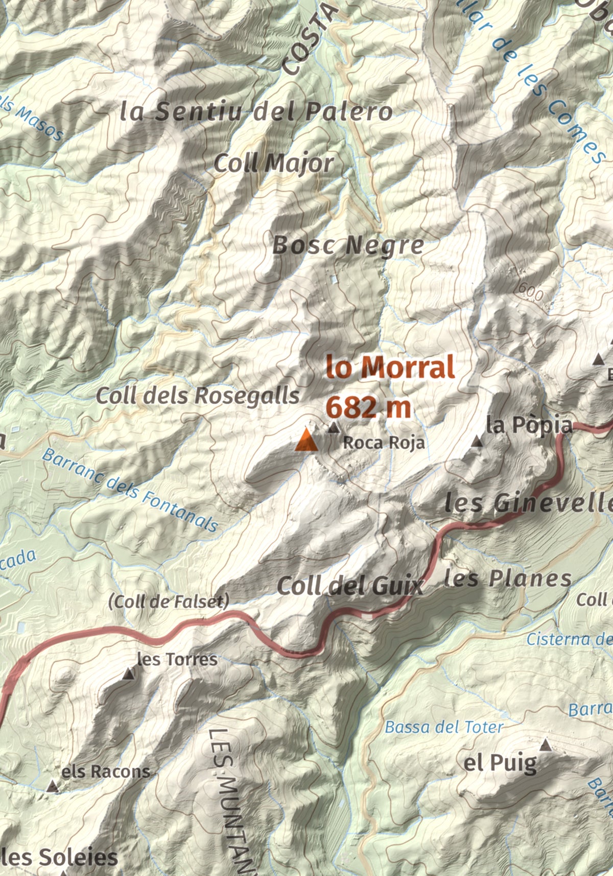 Mapa de relieve de lo Morral, 682 m, Priorat, lámina 100 Cims de Trobart. Detalle de la zona central. 21 × 30 cm.