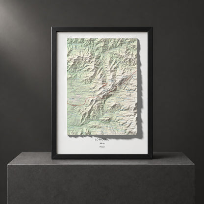 Mapa de relieve de lo Morral, 682 m, Priorat, lámina 100 Cims de Trobart. Presentación enmarcada. 30 × 40 cm.