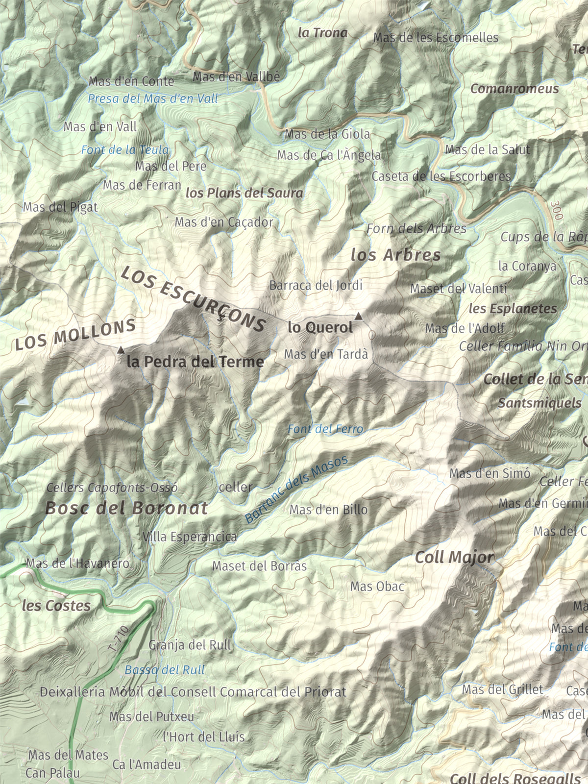Mapa de relieve de lo Morral, 682 m, Priorat, lámina 100 Cims de Trobart. Detalle de la zona superior izquierda. 30 × 40 cm.