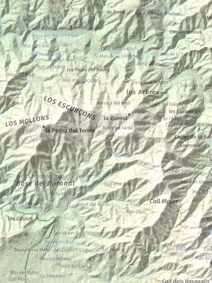 Mapa de relieve de lo Morral, 682 m, Priorat, lámina 100 Cims de Trobart. Detalle de la zona superior izquierda. 30 × 40 cm.